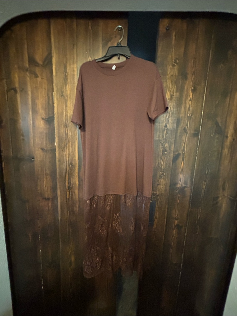 Brown Lace Hem Short Sleeve Dress